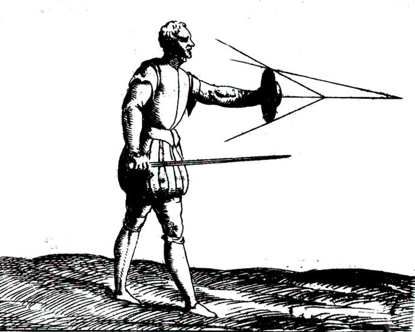 Duelist with rapier and buckler showing the area he can see and the area his opponent can see around the buckler.