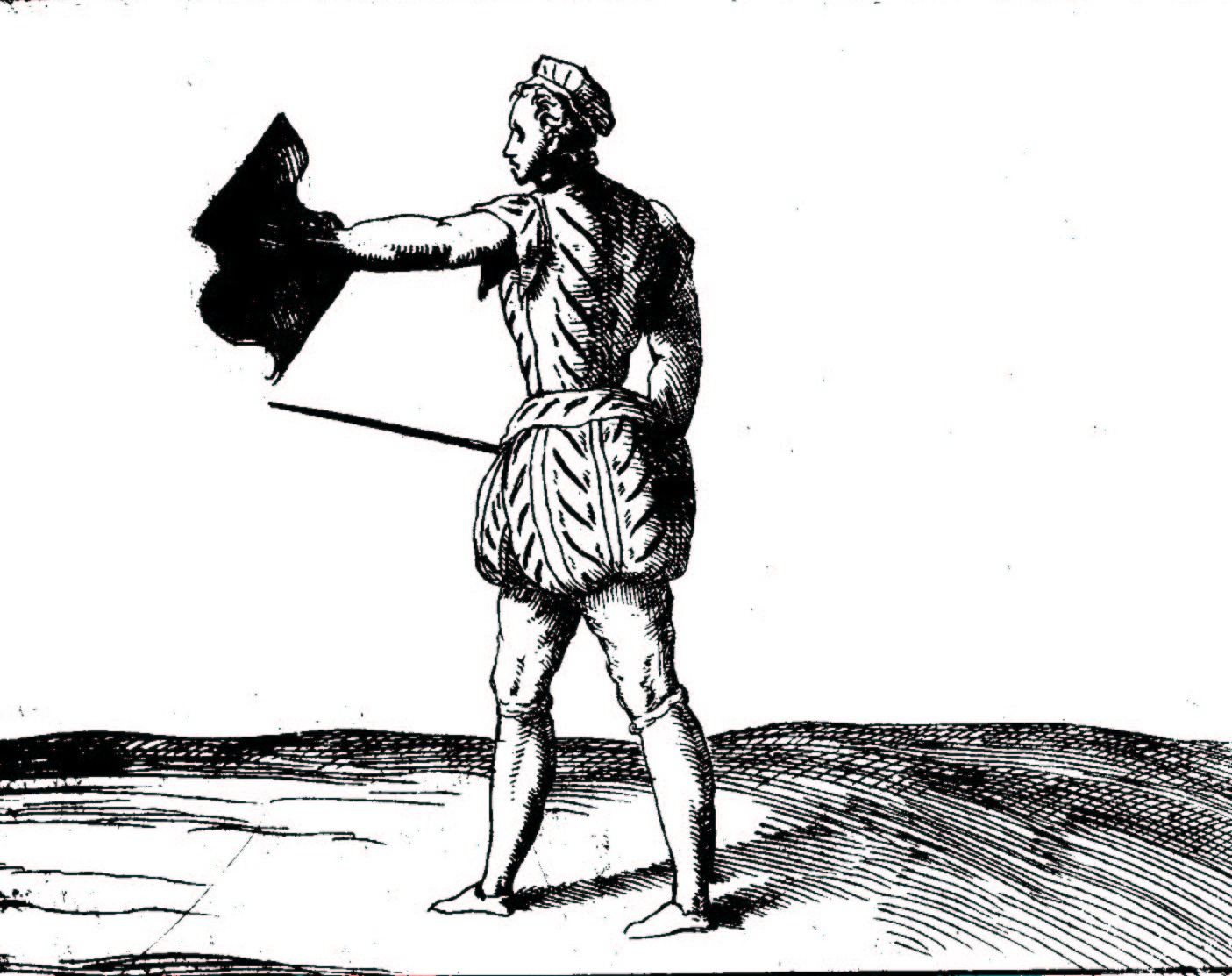 Duellist with rapier and square target from behind.